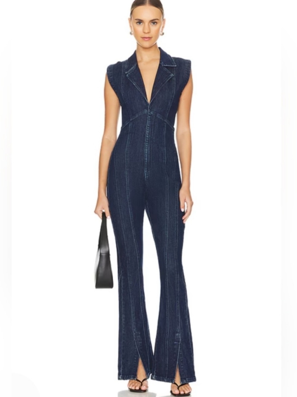 Free People Crvy Ring The Alarm Denim Flared Leg Jumpsuit In Siren Sz L